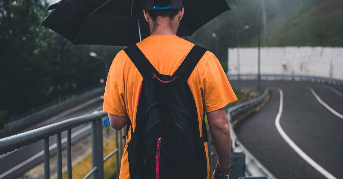 Man with umbrella walking on rainy urban road. Back view.